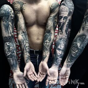 Tattoo 5 sleeves On the arm motif: black and gray style: realistic