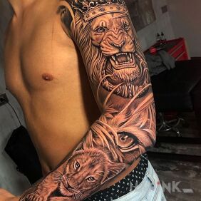 Tattoo From small to big lion On the arm motif: sleeves style: realistic