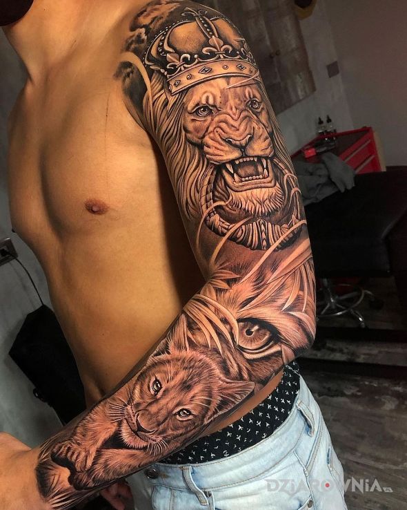 Tatuaż od malego do duzego lwa w motywie czarno-szare i stylu realistyczne na przedramieniu