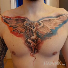Tattoo Angel with devil on the chest motif: colorful style: realistic