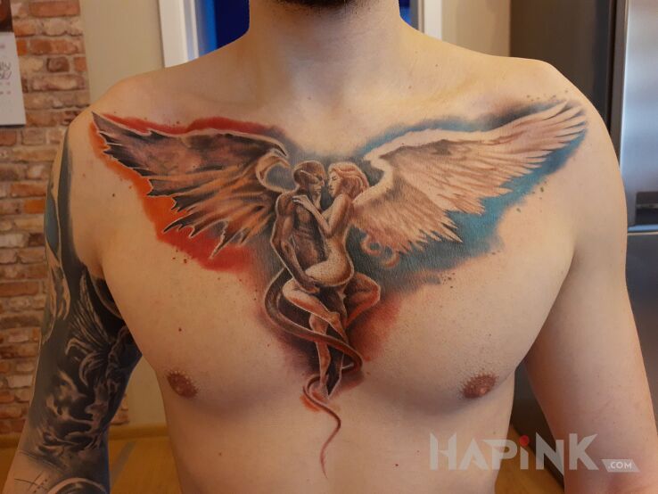 Tattoo Anioł z diabłem in demons motif and realistic style on the chest