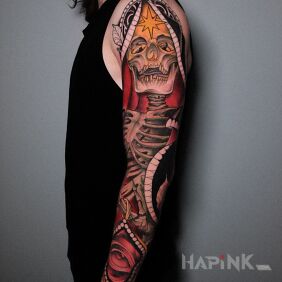 Tattoo Death / Skull / Skeleton on the upper arm motif: dark style: neo-traditional