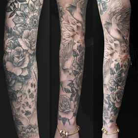 Tattoo Dove flowers sleeve On the arm motif: animals style: blackwork / blackout