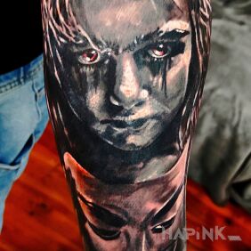 Tattoo Dark Girl on the forearm motif: black and gray style: realistic