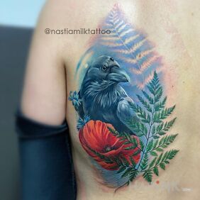 Tattoo Raven on the back motif: colorful style: realistic