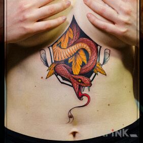 Tattoo Snake underboob on the stomach motif: colorful style: neo-traditional