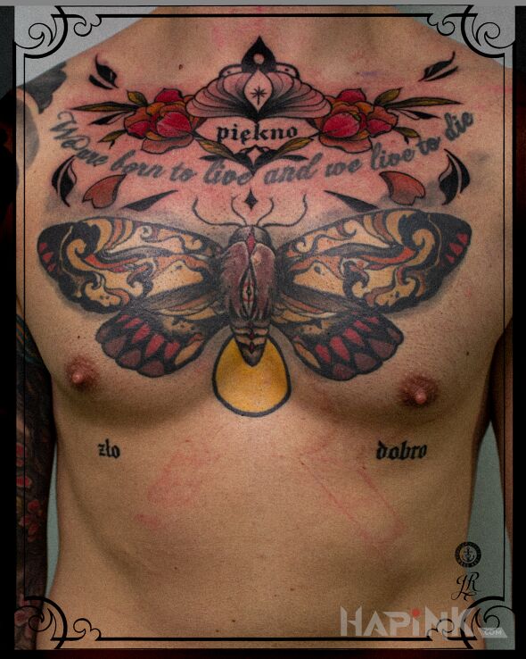 Tattoo Ornamenty in butterflies motif and neo-traditional style on the chest