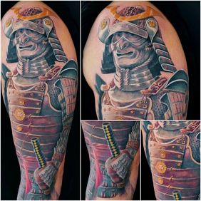 Tattoo Samurai On the arm motif: colorful style: realistic