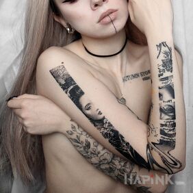 Tattoo Tattooed arm section on the forearm motif: faces style: realistic
