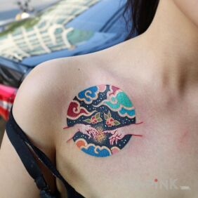 Tattoo Inspired by the painting "The Creation of Adam" on the collarbone motif: colorful style: graphic / illustrative