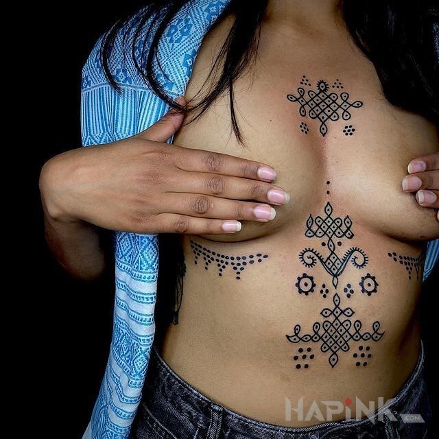 Tattoo Wzorki native in ornaments motif and handpoke style underboob