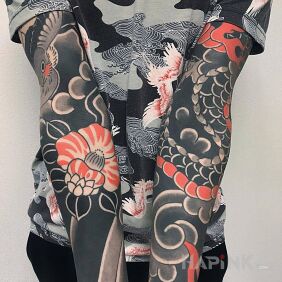Tattoo Japanese black style on the forearm motif: black and gray style: blackwork / blackout