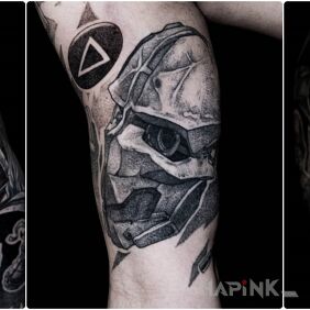 Tattoo Characters from iconic games on the shoulder blades motif: faces style: dotwork