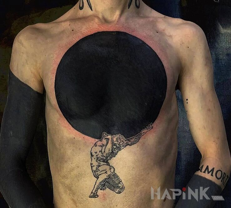 Tattoo Atlas in black and gray motif and blackwork / blackout style on the stomach