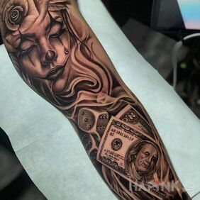 Tattoo Rose on the head on the forearm motif: casino style: realistic
