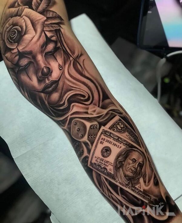 Tattoo Róża na głowie in faces motif and chicano style on the forearm
