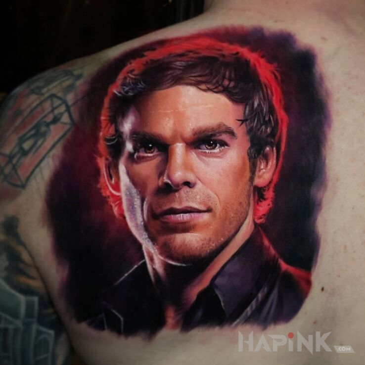 Tattoo Dexter in faces motif and realistic style on the back