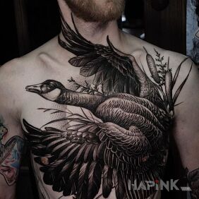 Tattoo Duck on the neck motif: animals style: realistic