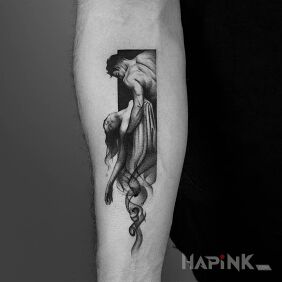 Tattoo Fainting On the arm motif: black and gray style: graphic / illustrative