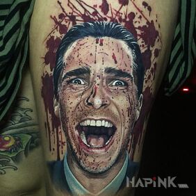 Tattoo American Psycho on the upper arm motif: 3D style: realistic