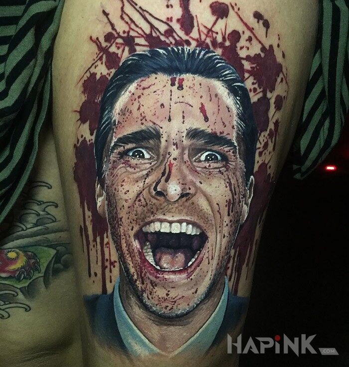 Tattoo American Psycho in 3D motif and realistic style on the upper arm