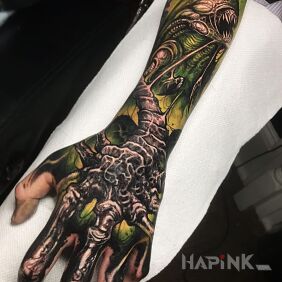 Tattoo Alien on the hand motif: dark style: realistic
