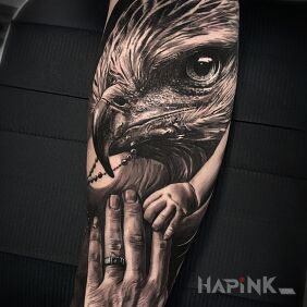 Tattoo Parent and child hand on the forearm motif: 3D style: realistic
