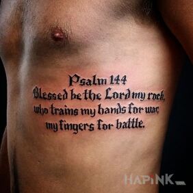 Tattoo Psalm 144 on the ribs motif: lettering style: calligraphy