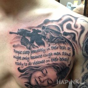 Tattoo Pure Dirty Truth on the chest motif: characters style: realistic