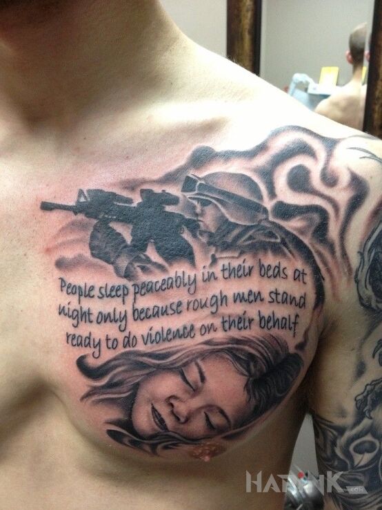 Tattoo Czysta brudna prawda in characters motif and realistic style on the chest