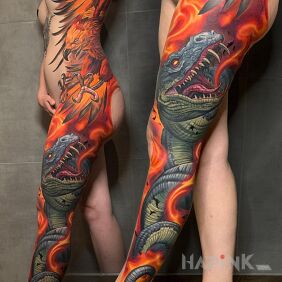 Tattoo Phoenix vs. T-rex? on the leg motif: animals style: graphic / illustrative