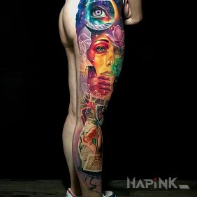 Tattoo Leg breaking out of patterns on the calf motif: 3D style: surrealistic