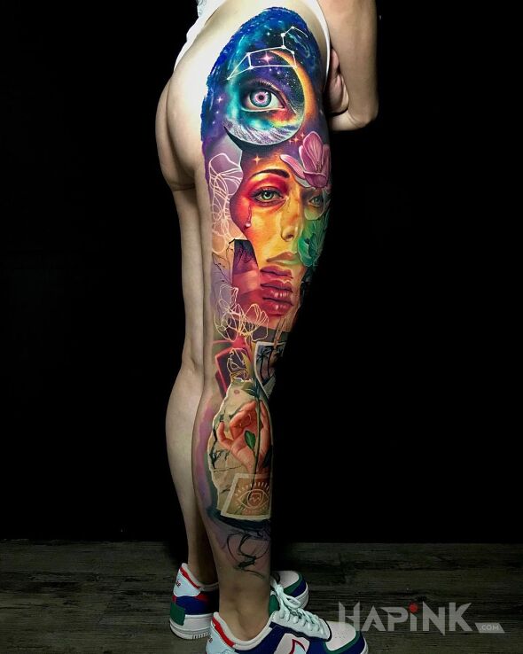 Tattoo Noga wylamujaca sie ze schematow in cosmos motif and surrealistic style on the thigh