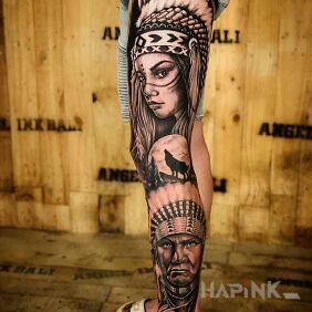 Tattoo The Chief and His Daughter on the calf motif: black and gray style: realistic