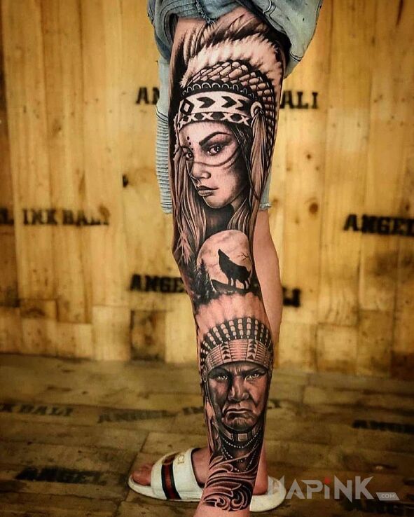 Tattoo Wódz i jego córa in faces motif and realistic style on the calf