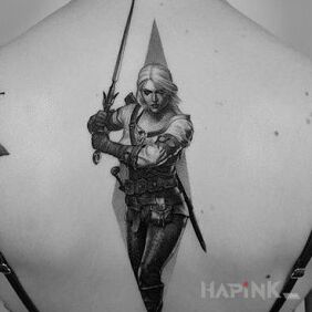 Tattoo Ciri on the back motif: black and gray style: realistic