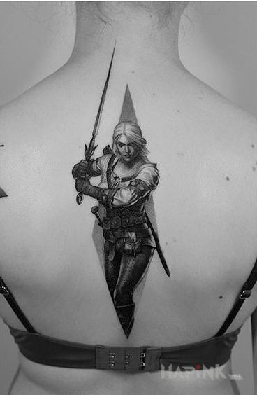 Tattoo Ciri in characters motif and realistic style on the back