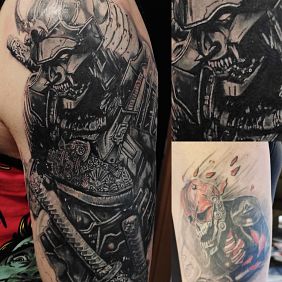 Tattoo Cover up samurai on the upper arm motif: characters style: graphic / illustrative