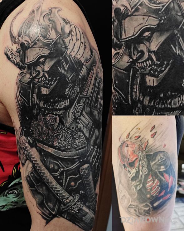 Tatuaż cover up samurai w motywie postacie i stylu blackwork / blackout na ramieniu