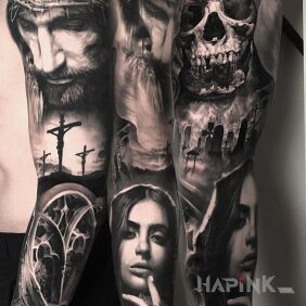 Tattoo Jesus over Golgotha on the forearm motif: black and gray style: realistic