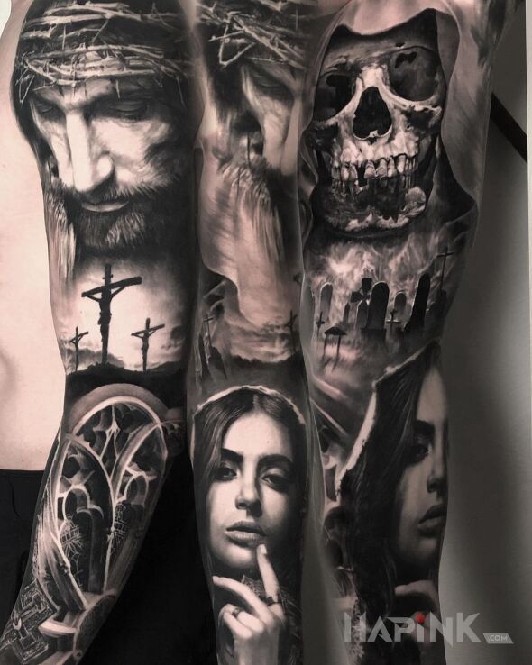 Tattoo Jezus nad golgotą in 3D motif and realistic style on the forearm