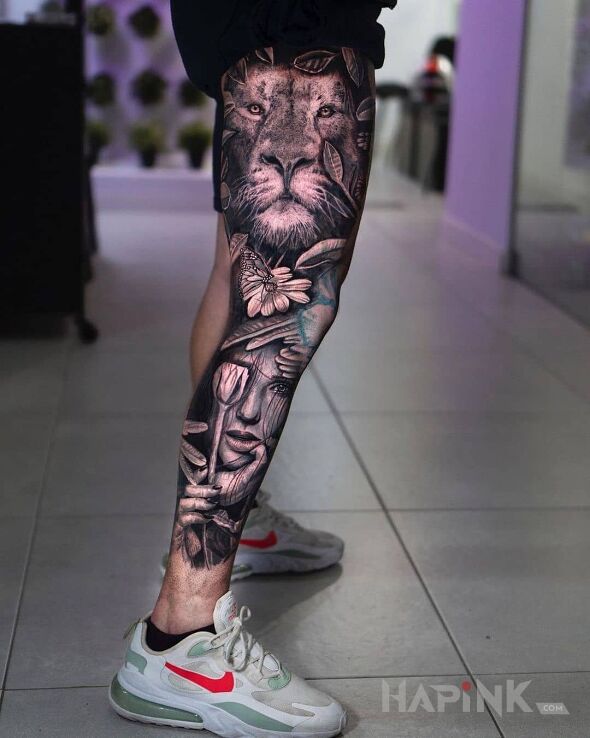Tattoo Lwisko in animals motif and realistic style on the calf