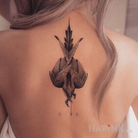 Tattoo DIVE on the back motif: black and gray style: realistic
