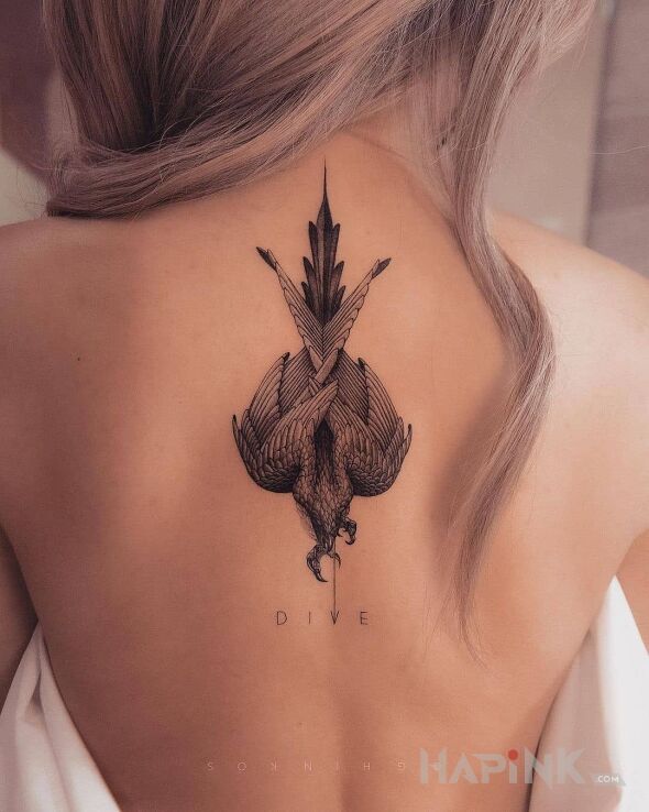 Tattoo DIVE in black and gray motif and realistic style on the back