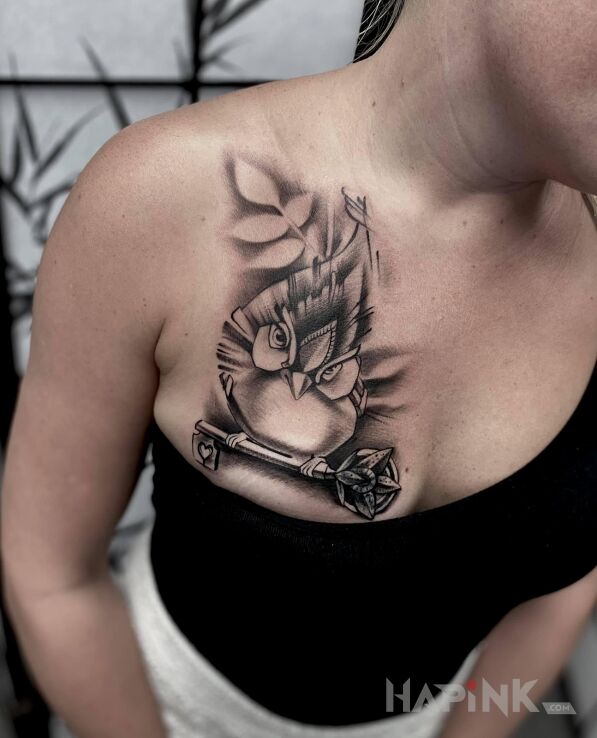 Tattoo Sowa in animals motif and graphic / illustrative style on the breast