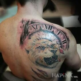 Tattoo Predatory Lion with a Clock on the back motif: animals style: realistic