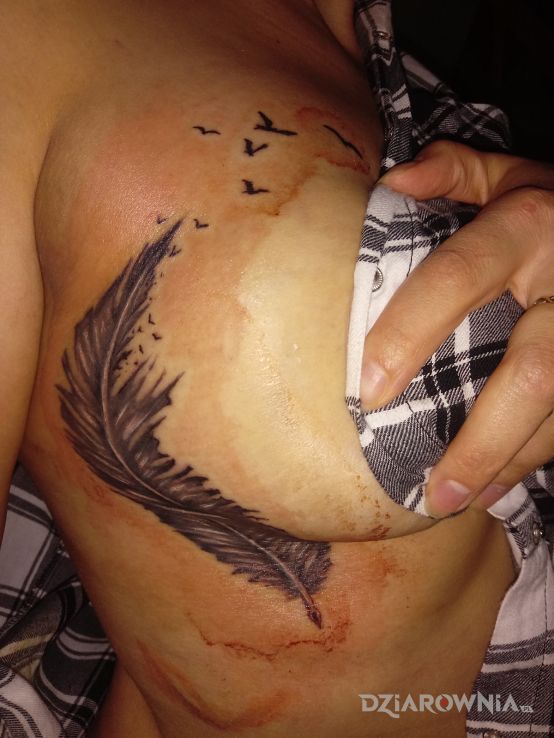 Tatuaż ptaszki odlatujące z piórka w motywie czarno-szare na piersiach
