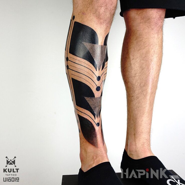 Tattoo ZBROJA in legsleeves motif and geometric style on the leg