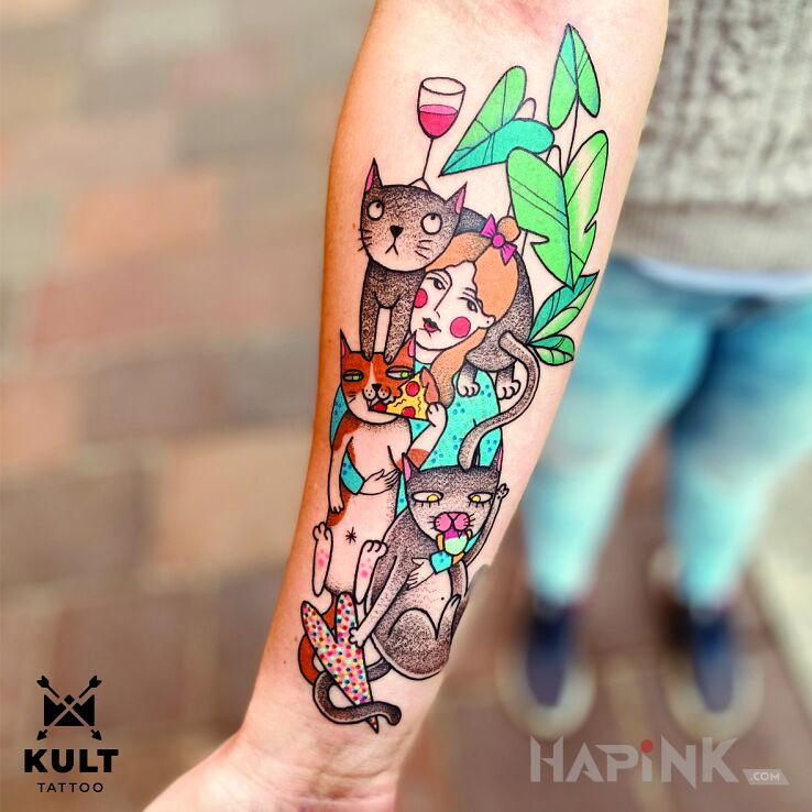 Tattoo KOCIARA in funny motif and graphic / illustrative style On the arm