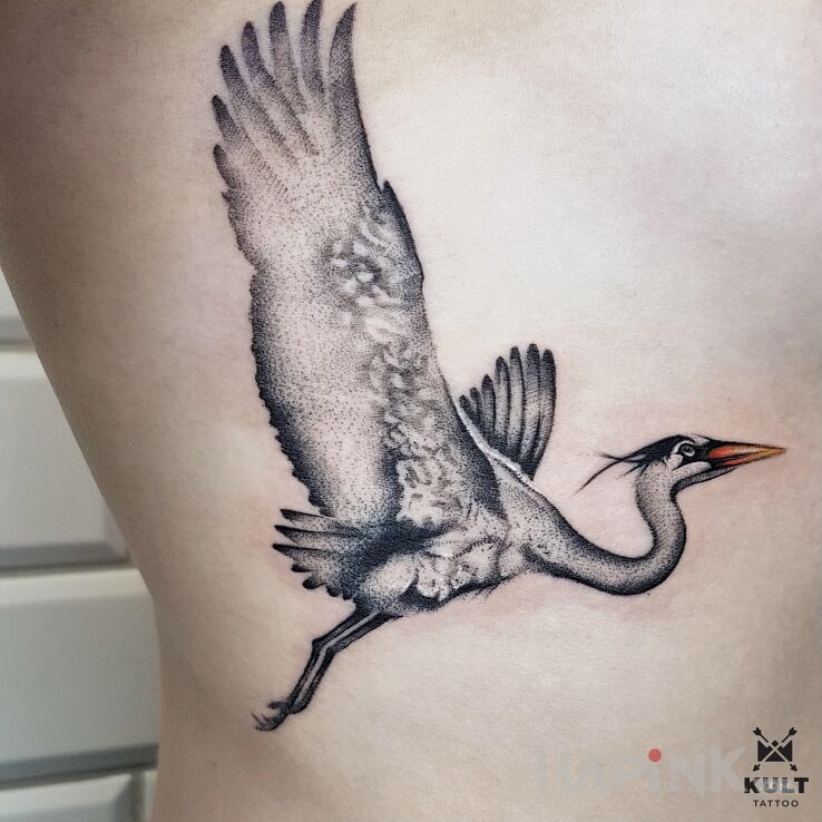 Tattoo CZAPLA in animals motif and graphic / illustrative style on the ribs